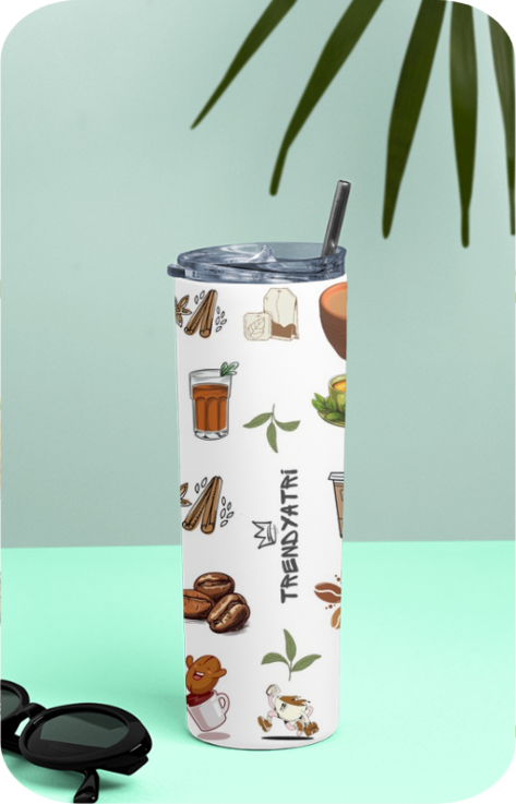 TEA AND COFFEE PRINT TUMBLER WITH STRAW, STAINLESS STEEL, DOUBLE WALL INSULATION