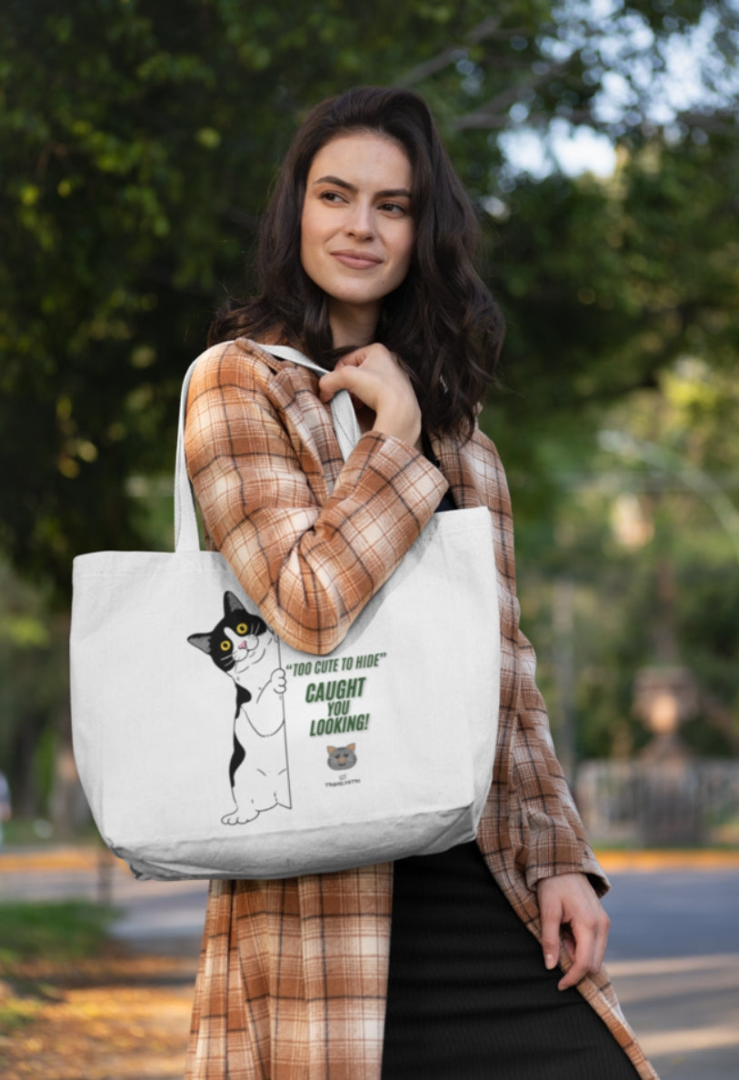 PEEPING CAT LARGE TOTE BAG, MULTIPOCKET TOTE BAG
