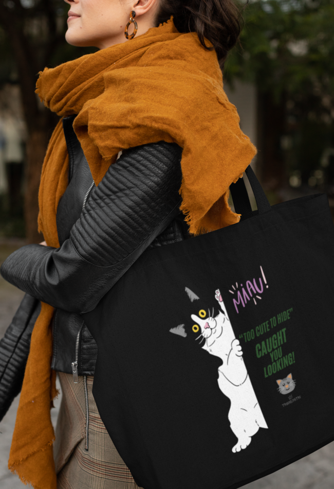 PEEPING CAT LARGE TOTE BAG, MULTIPOCKET TOTE BAG