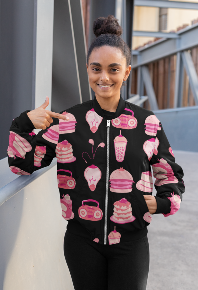 AOP FOOD AND MUSIC BOMBER JACKET