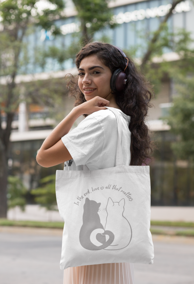 CUTE CAT IN LOVE CANVAS TOTE BAG, BAG FOR COLLEGE, OFFICE AND TRAVEL.