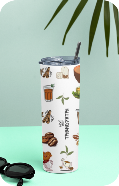 TEA AND COFFEE PRINT TUMBLER WITH STRAW, STAINLESS STEEL, DOUBLE WALL INSULATION