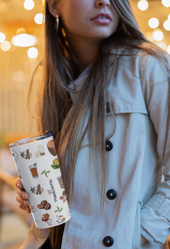 TEA AND COFFEE PRINT TUMBLER WITH STRAW, STAINLESS STEEL, DOUBLE WALL INSULATION