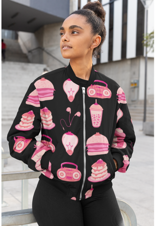 AOP FOOD AND MUSIC BOMBER JACKET